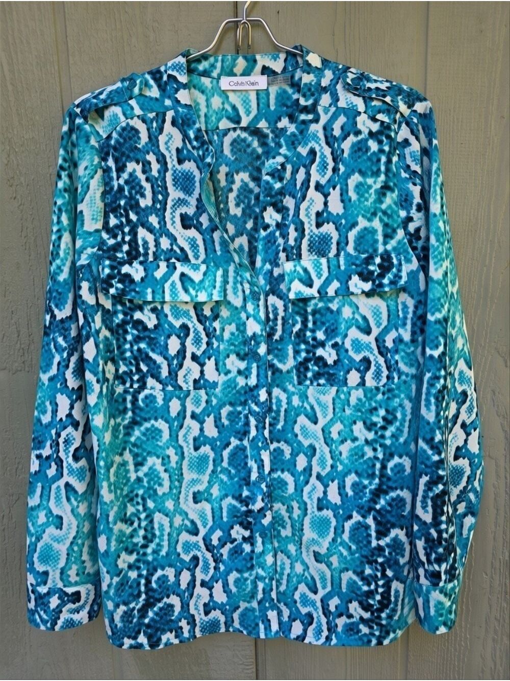 Calvin Klein Aqua Snake Print Blouse Large #BL1 - Picture 9 of 13